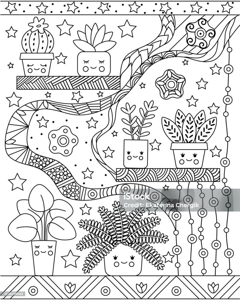Ilustración de Libro Para Colorear Para Niños Con Flores Sencillas En  Macetas Y Adornos De Doodle y más Vectores Libres de Derechos de Kawaii -  iStock