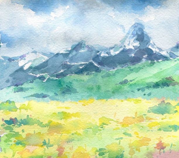 istock Beautiful landscape with mountains and yellow flowers on foreground. 1226221719
