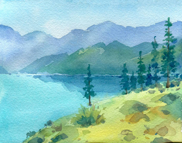 ilustraciones, imágenes clip art, dibujos animados e iconos de stock de paisaje con montañas y lago. - loneliness backgrounds beauty beauty in nature