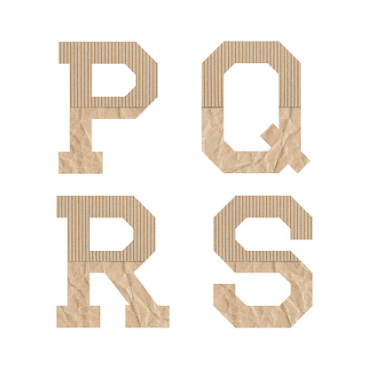 Alphabet letters P Q R S with brown paper on white background.