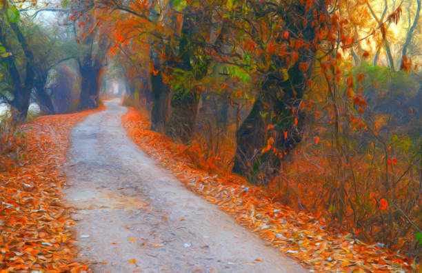 Country road through trees in autumn