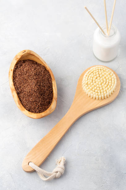 istock Spa table. Coffee scrub for body on grey background 1226232864