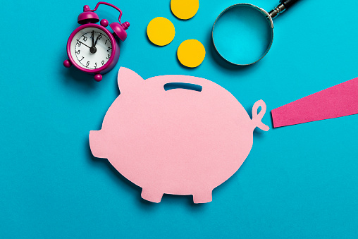 Piggy bank and magnifying glass on the blue background.