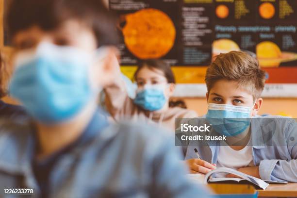 High School Boy Student At School Wearing N95 Face Masks Stock Photo - Download Image Now
