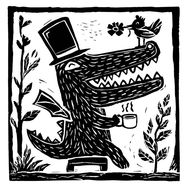 Good morning crocodile illustration art vector linocut printing woodcut stock illustrations