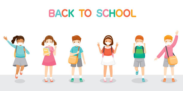 Children Wearing Surgical Mask Happy Back To School, Jumping, Cheerfully Together Educational, Instruction, Sanitary, Healthcare, Safety backpack illustrations stock illustrations