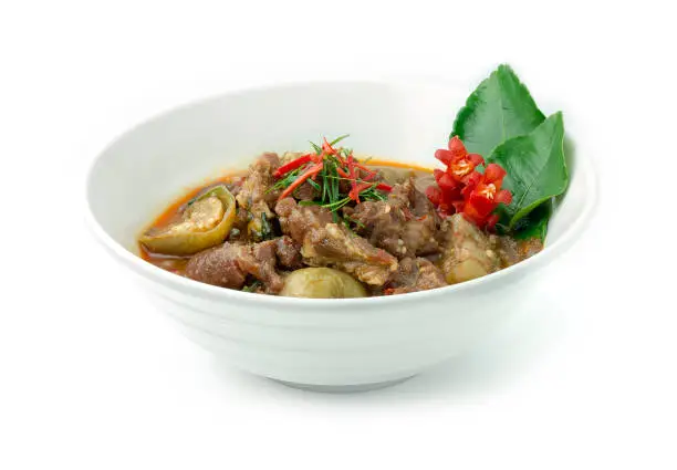 Photo of Beef Stir Fried with Red Curry and Eggplants. Thai Food Hot Spicy dish in Coconut Milk