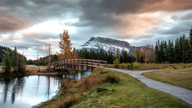 Mount Rundle with wooden bridge in autumn park at Cascade Ponds, Banff national park