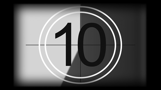 3D rendering of a monochrome universal countdown film leader. Countdown clock from 10 to 0. Design element of old cinema