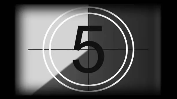 3D rendering of a monochrome universal countdown film leader. Countdown clock from 10 to 0. Design element of old cinema