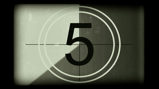 3D rendering of a monochrome universal countdown film leader. Countdown clock from 10 to 0. Effect of old film rolling with details, scratches, lines, dirt, markers and film grain