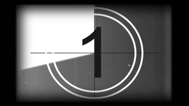 3D rendering of a monochrome old and grained universal countdown leader from 10 to 0 3D rendering of a monochrome universal countdown film leader. Countdown clock from 10 to 0. Effect of old film rolling with details, scratches, lines, dirt, markers and film grain countdown stock pictures, royalty-free photos & images