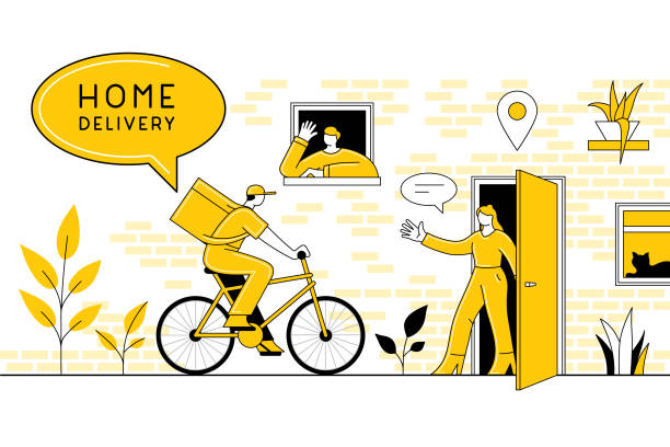 Home delivery concept Delivery person delivering goods to people's homes.
Editable vectors on layers. delivering illustrations stock illustrations
