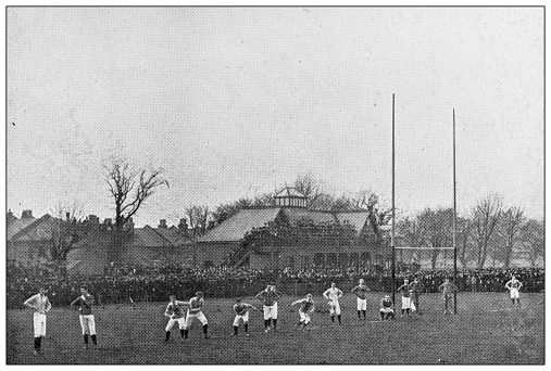 Antique black and white photograph of sport, athletes and leisure activities in the 19th century: Rugby match