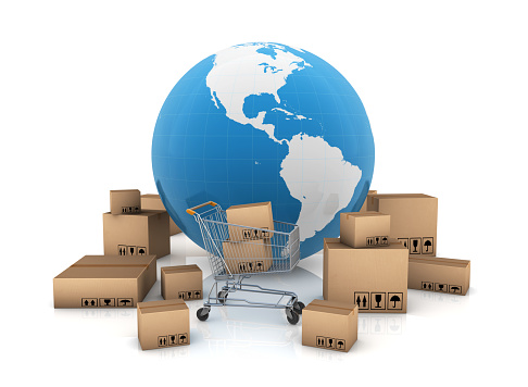 Global packages delivery and parcels transportation concept\nMap:https://visibleearth.nasa.gov/images/74218/december-blue-marble-next-generation