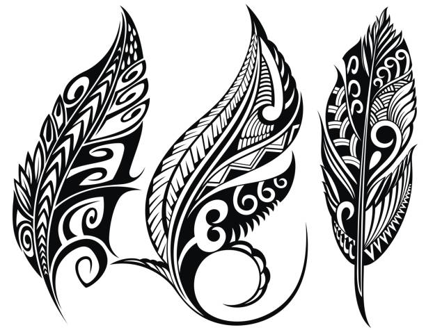 Set of stylized bird feathers. Collection of feathers for decoration.  Tattoo. tribals tattoos stock illustrations