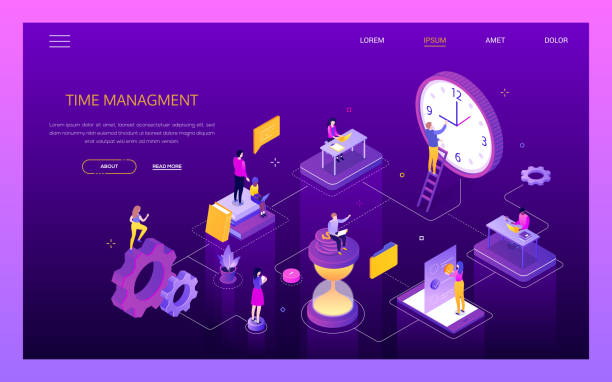 ilustrações de stock, clip art, desenhos animados e ícones de time management - colorful isometric vector web banner - hourglass time purple deadline