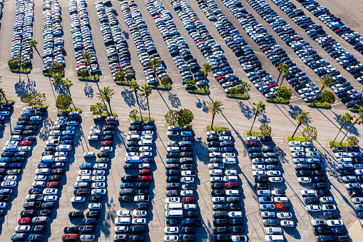 Aerial view of various parked cars