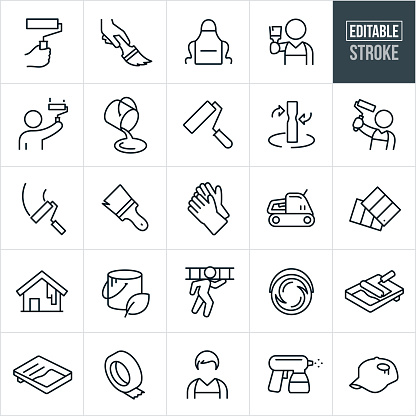 A set of house painting icons that include editable strokes or outlines using the EPS vector file. The icons include a hand holding a paint roller, hand using a paintbrush, apron, person holding paintbrush, person using a paint roller, paint bucket, paint roller, painter holding a paint roller, gloves, sander, paint swatch, house being painted, painter carrying ladder, paint pan, paint tape, male painter, paint sprayer and a hat with paint stain to name a few.