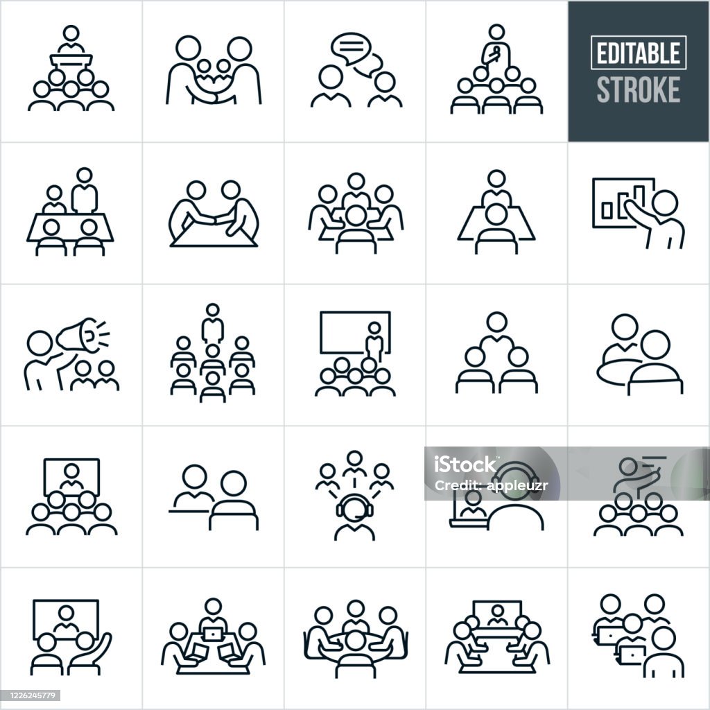 Business Meetings and Seminars Thin Line Icons - Editable Stroke A set of business meetings and seminars icons that include editable strokes or outlines using the EPS vector file. The icons include all types of meetings, conventions and seminars and include a business person giving a speech to a group of employees, business people shaking hands, two business people engaged in an online chat, a person with microphone in hand delivering a speech to a group of people, a boardroom with business people having a business meeting, two people in a boardroom having a small business meeting, a business person giving a presentations, a business manager speaking to his employees using a bullhorn, a business person in front of a screen delivering a presentation at a convention, two business people having a meeting while out to lunch, a video conference meeting with many in attendance, a business meeting using telecommunications, business people meeting in a boardroom with their laptops and other related icons. Icon stock vector