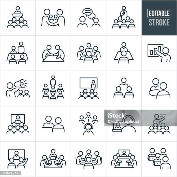 Business Meetings And Seminars Thin Line Icons Editable Stroke Stock Illustration - Download Image Now