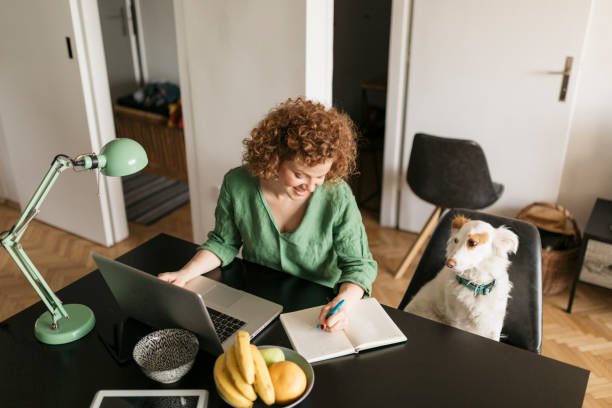 Beautiful young woman setting up her home office