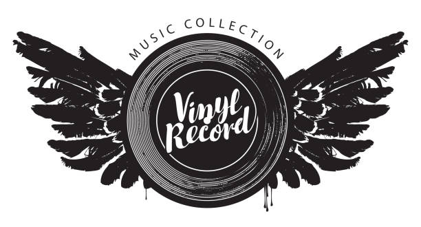 vector music poster with winged vinyl record Vector music banner with a winged vinyl record. Black and white illustration with the words Vinyl record, Music collection. Suitable for poster, flyer, placard, invitation, emblem, t-shirt design black and white party stock illustrations