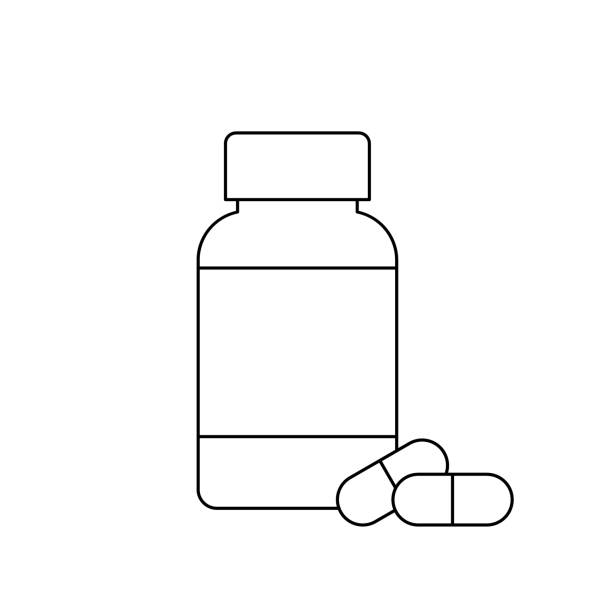 Pill bottle thin line icon with two capsule pills. Food supplements, vitamins. Medications, treatment, drugs, painkiller concept. Black outline on white background. Vector illustration, flat, clip art pill bottle stock illustrations