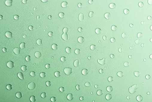 Water drops on green background. Abstract backdrop, copy spase for your text