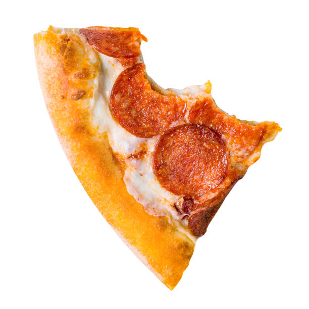Bitten fresh tasty pepperoni pizza slice isolated on white background.