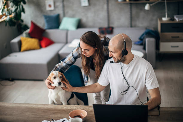 istock Woman and beagle dog keeps a man company while he working at home 1226254004