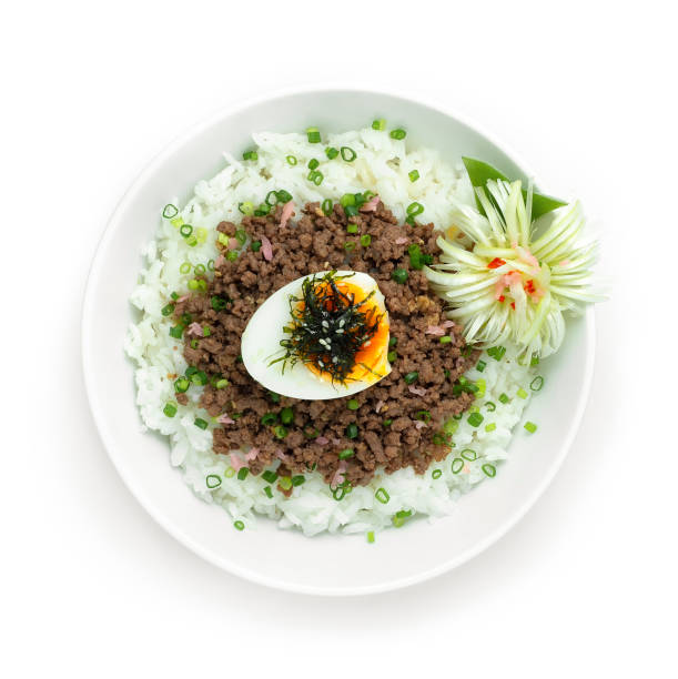 Beef Soboro Don with Egg ontop seaweed,spring onions and Pickled ginger cutlet Japanese food