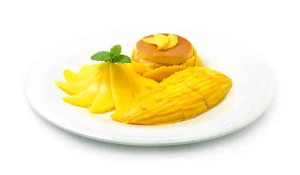 Photo of Mango served Caramel Custard Cake Fruit Dessert Summer Sweet Taste popular in Thailand
