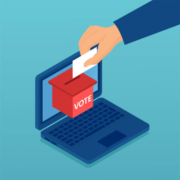 Vector of a hand putting paper with vote in the ballot box in a laptop computer Vector of a hand putting paper with vote in the ballot box in a laptop computer electronic voting stock illustrations