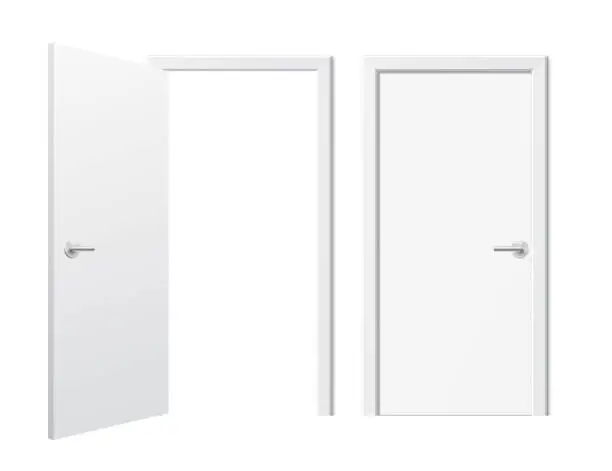 Vector illustration of Set of opened and closed white doors.