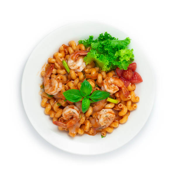 Shrimps Macaroni with Tomato Sauce Served as Breakfast, side dish or Maincorse goodtasty delicious European Food stock photo