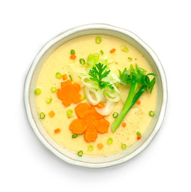 Steamed Egg Japanese Food fusion style decorate carved Carrot, Leek cutlet and Spring Onions Food stock photo
