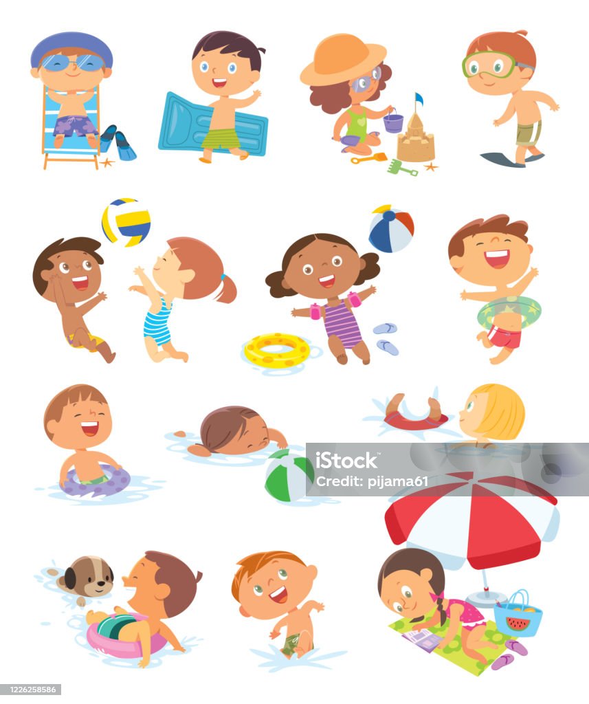 Set von Sommerszenen mit Kindern. Mädchen spielen mit Sandburg. Beachvolleyball - Lizenzfrei Strand Vektorgrafik