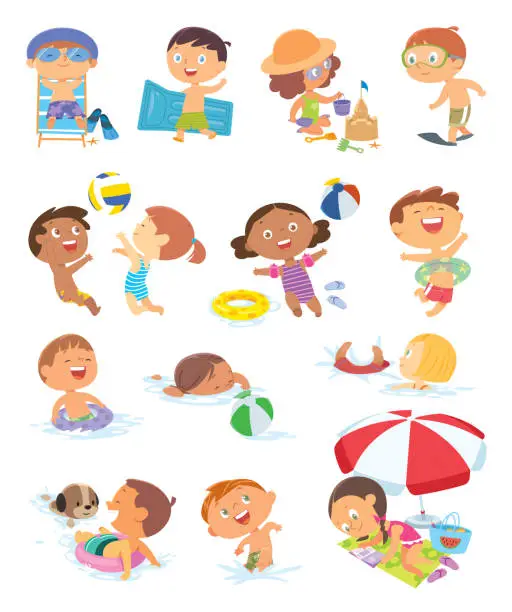 Vector illustration of Set of summer scenes with children. Girl playing with sand castle. Beach Volleyball
