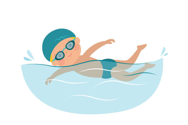 cartoon-kind schwimmen auf weißem hintergrund. kleiner junge schwimmer im schwimmbad, kinder körperliche aktivität. - child lifestyles isolated blue stock-grafiken, -clipart, -cartoons und -symbole