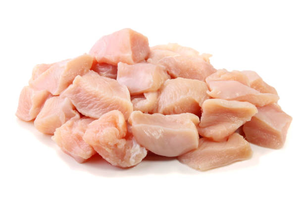 istock pile of fresh diced and sliced raw chicken breast, cube form, isolated on white background. 1226260511