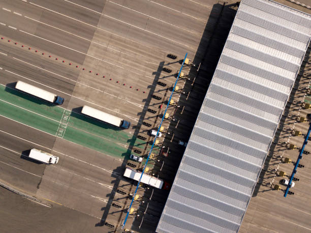 istock Aerial top down drone shot. Highway traffic. Turnpike terminal 1226264069