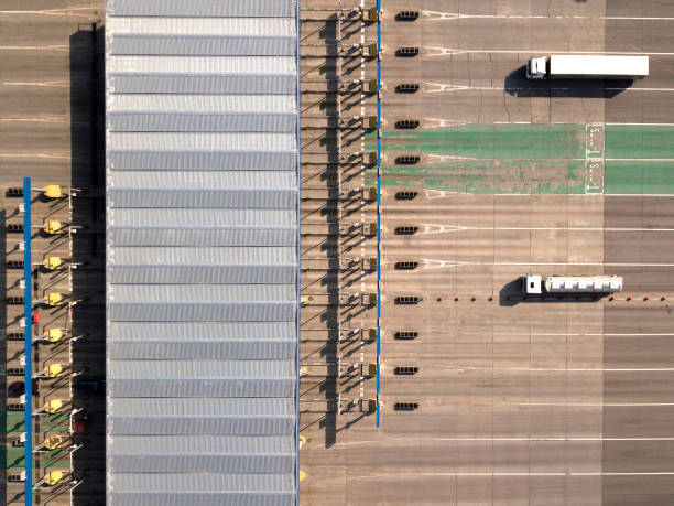 istock Aerial top down drone shot. Highway traffic. Turnpike terminal 1226264081