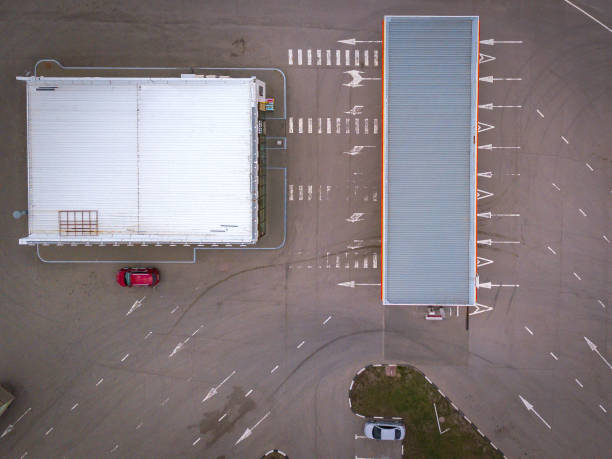 istock Aerial top down drone shot. Gas station. 1226264105