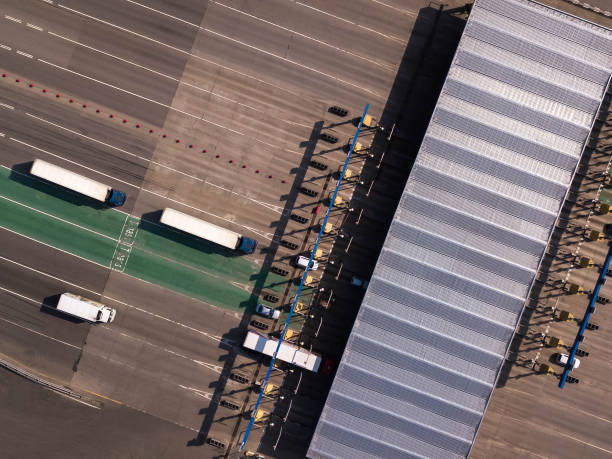 istock Aerial top down drone shot. Highway traffic. Turnpike terminal 1226264118