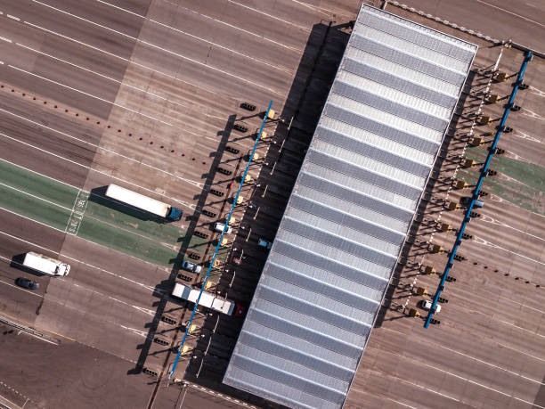 istock Aerial top down drone shot. Highway traffic. Turnpike terminal 1226264178