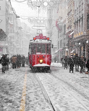 istanbul snowing and historical tramway (snow and transportation) istanbul landmarks