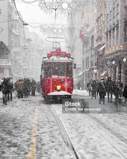 Istanbul Snowing And Historical Tramway Stock Photo - Download Image Now - Istanbul, Snow, Snowing