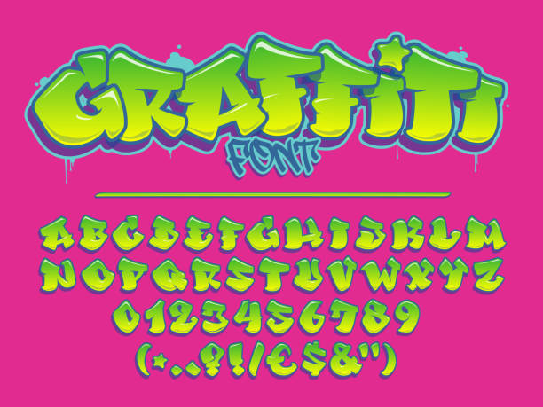 lime graffiti vektor schriftart. großbuchstaben, zahlen und glyphen alphabet. - graffiti stock-grafiken, -clipart, -cartoons und -symbole