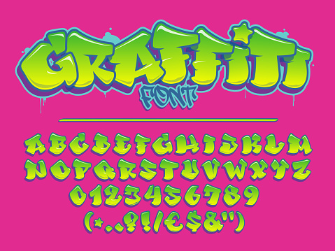 Lime graffiti vector font. Capital letters, numbers and glyps alphabet. Fully customizable colors.